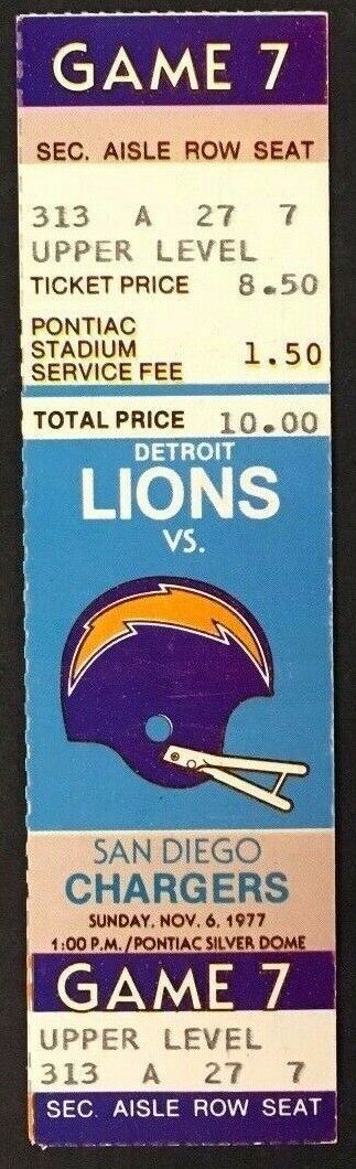 1977 NFL Football Ticket Detroit Lions vs San Diego Chargers Pontiac Silverdome