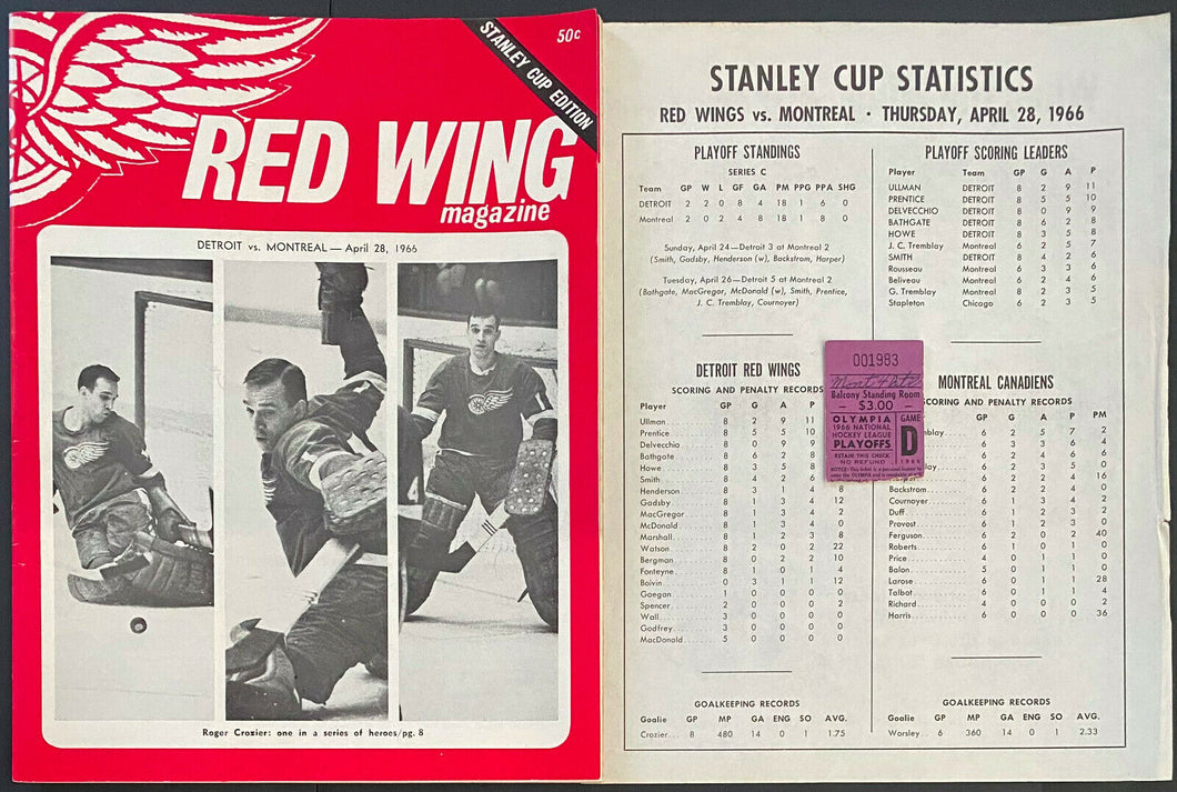 1966 Detroit Olympia Game 3 Stanley Cup Finals NHL Hockey Program + Ticket