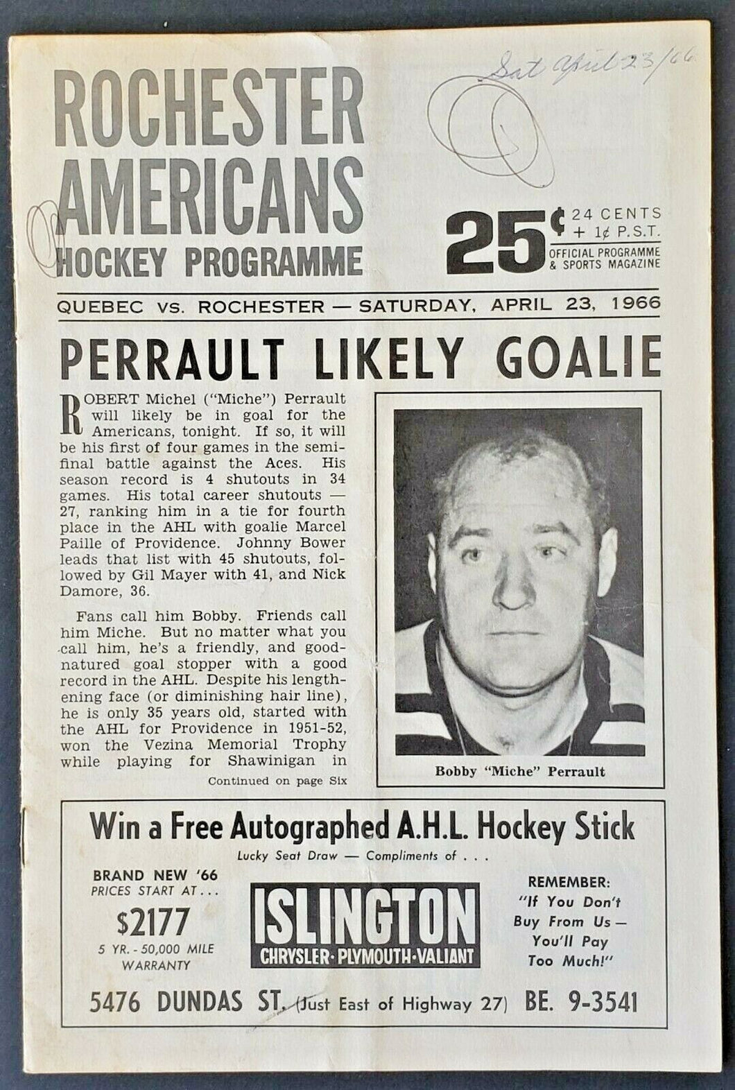 1966 Maple Leaf Gardens AHL Program Rochester Americans v Quebec Aces Don Cherry