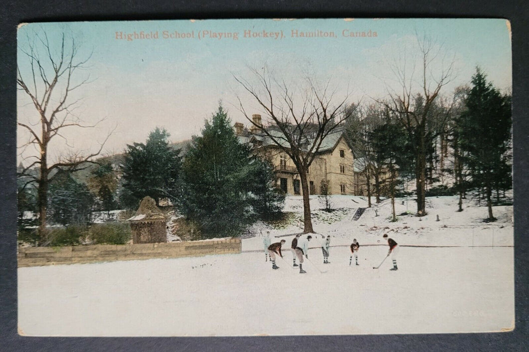 1900's Hockey Scene Post Card Highfield School Hamilton Ontario Vintage