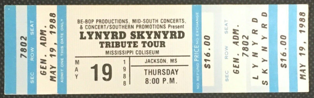 1988 Lynyrd Skynyrd Tribute Concert Tour Full Ticket Mississippi Coliseum