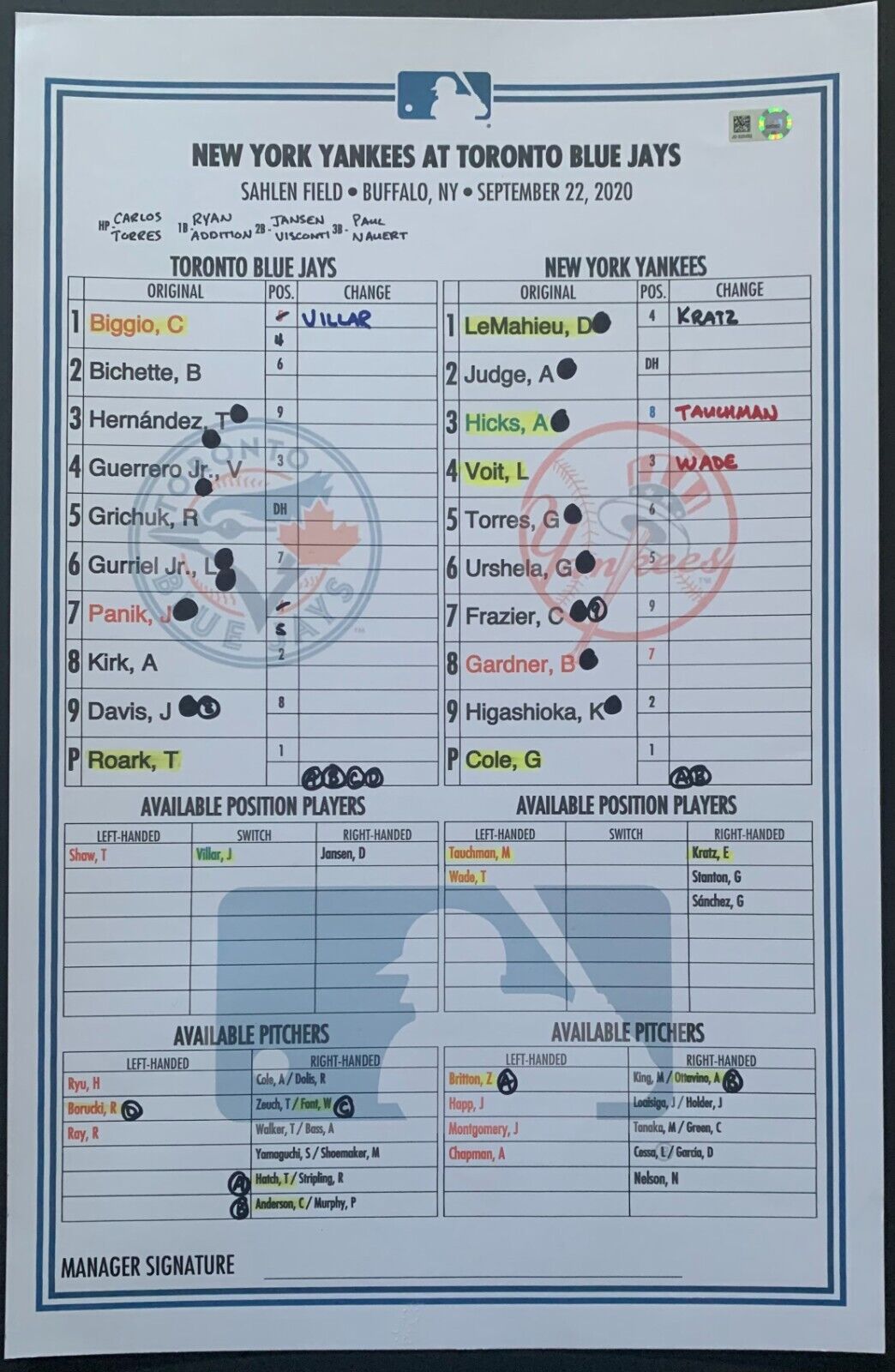 Sept 22 2020 Toronto Blue Jays New York Yankees Line-Up Card MLB Baseball Holo