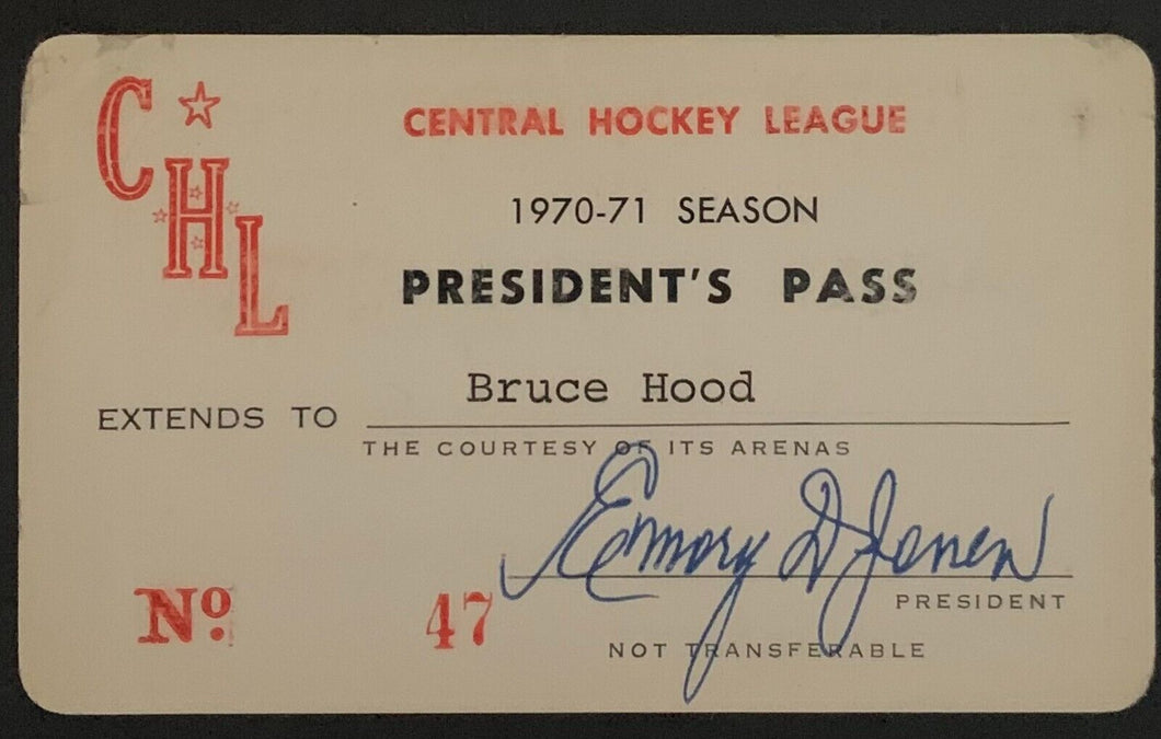 1970 CHL Pass Issued HOF Ref Bruce Hood Signed By CHL President Emory Jones VTG