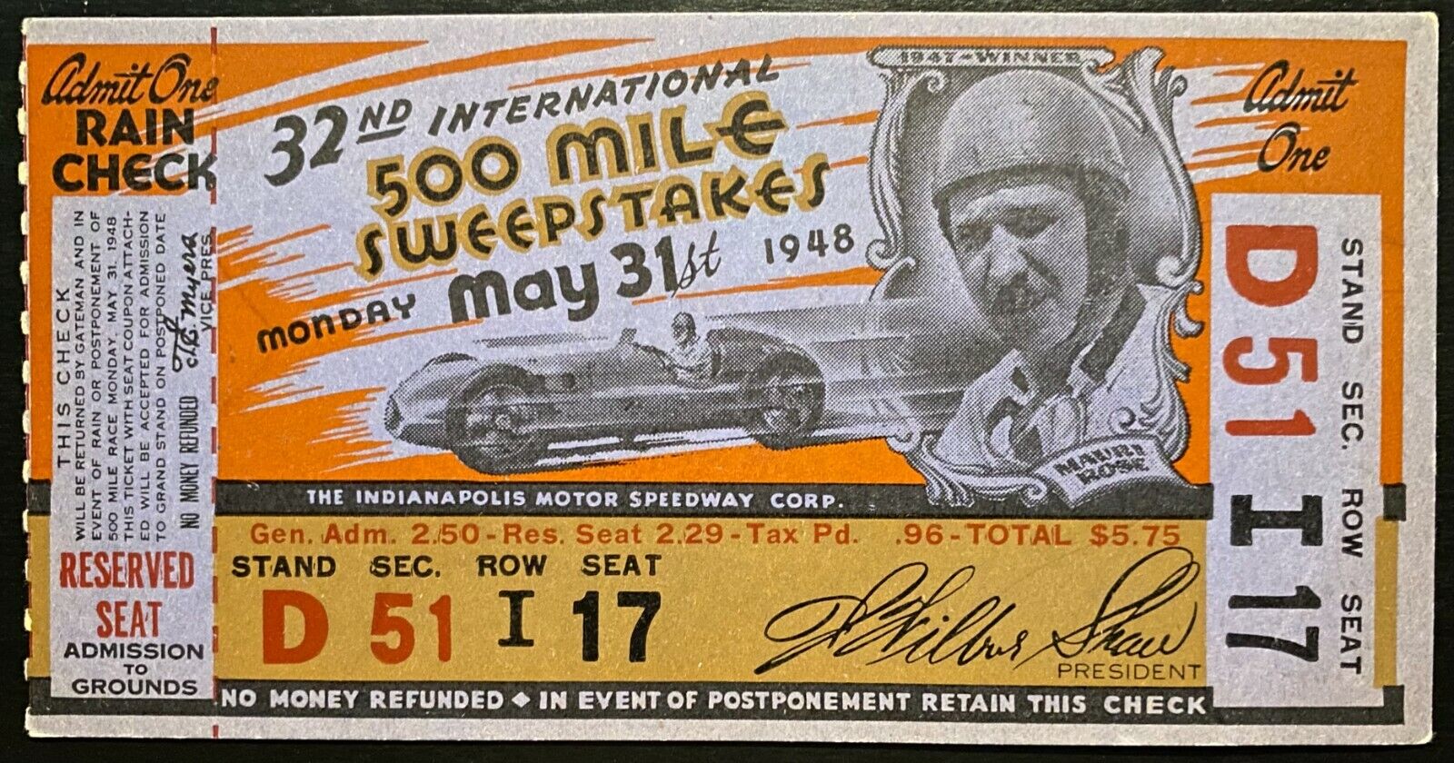 Billet D'Entrée – 500 Miles D'Indianapolis 1952 – Très Bon état