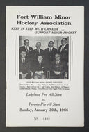 1966 Fort William Minor Hockey League Program Lakehead Pro All Stars v Toronto