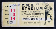 1960 CNE Ticket Montreal Alouettes vs Toronto Argonauts Tobin Rote CFL Football