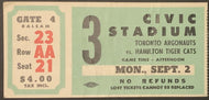 1968 CFL Football Ticket Civic Stadium Toronto Argonauts vs Hamilton Tiger Cats