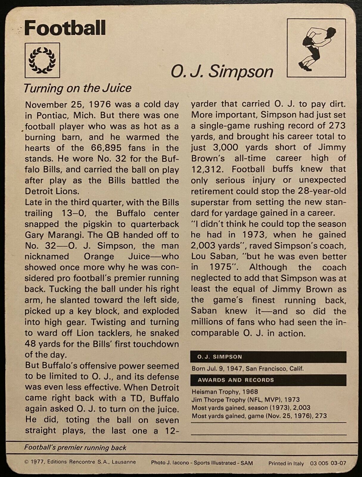 1977 Sports Caster Card O.J.Simpson NFL - 記念グッズ