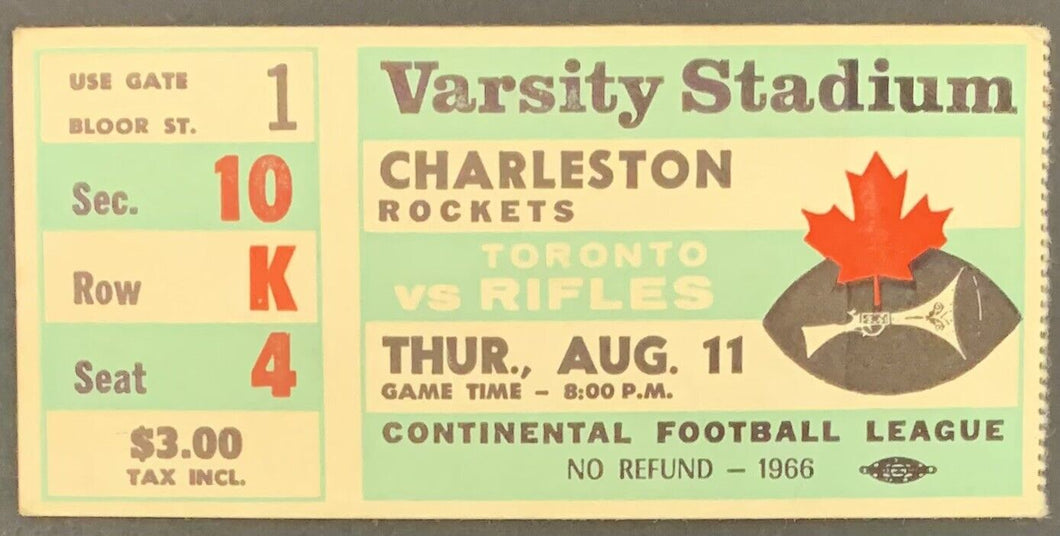 1966 Varsity Stadium Continental Football League Ticket Toronto Rifles v Rockets