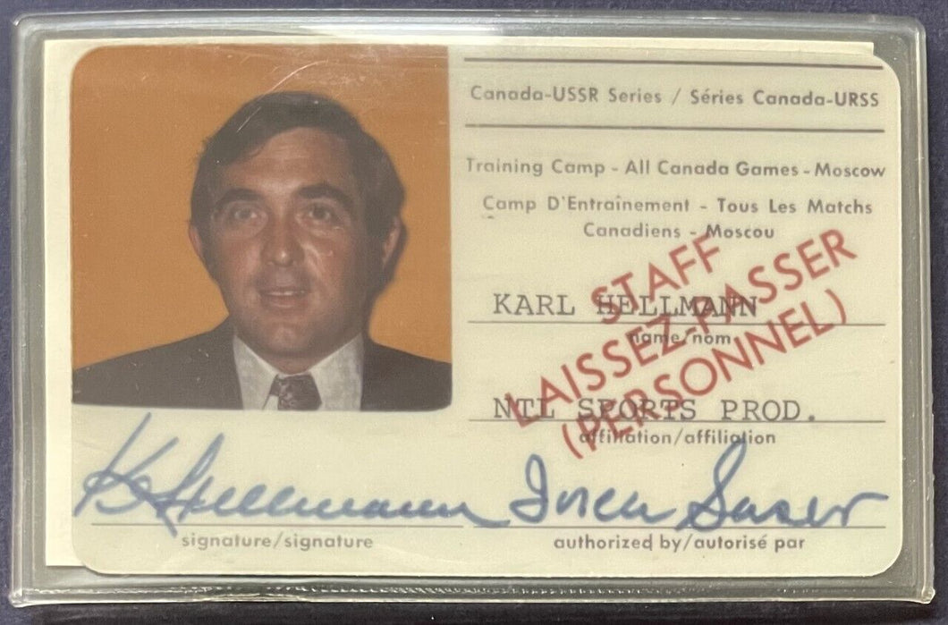 1972 Summit Series Hockey Canada vs USSR Staff Pass Issue To Karl Hellman Used