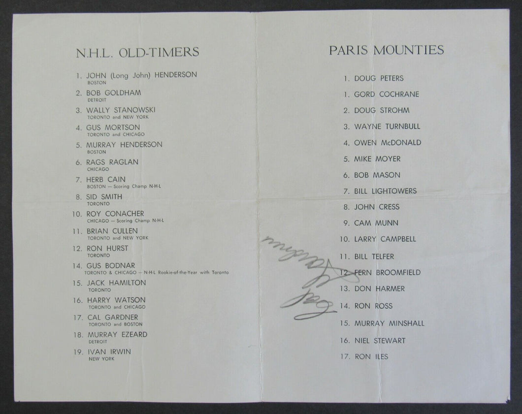 1964 Hockey Program NHL Old Timers vs Paris Mounties Signed Cal Gardner Vintage