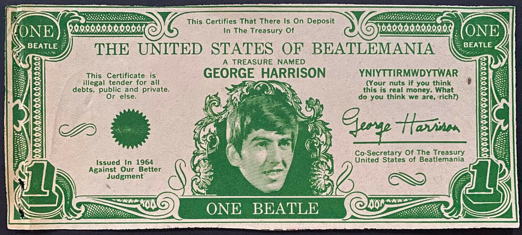 1964 George Harrison United States Of Beatlemania $1 Bill Beatles Novelty Fab 4