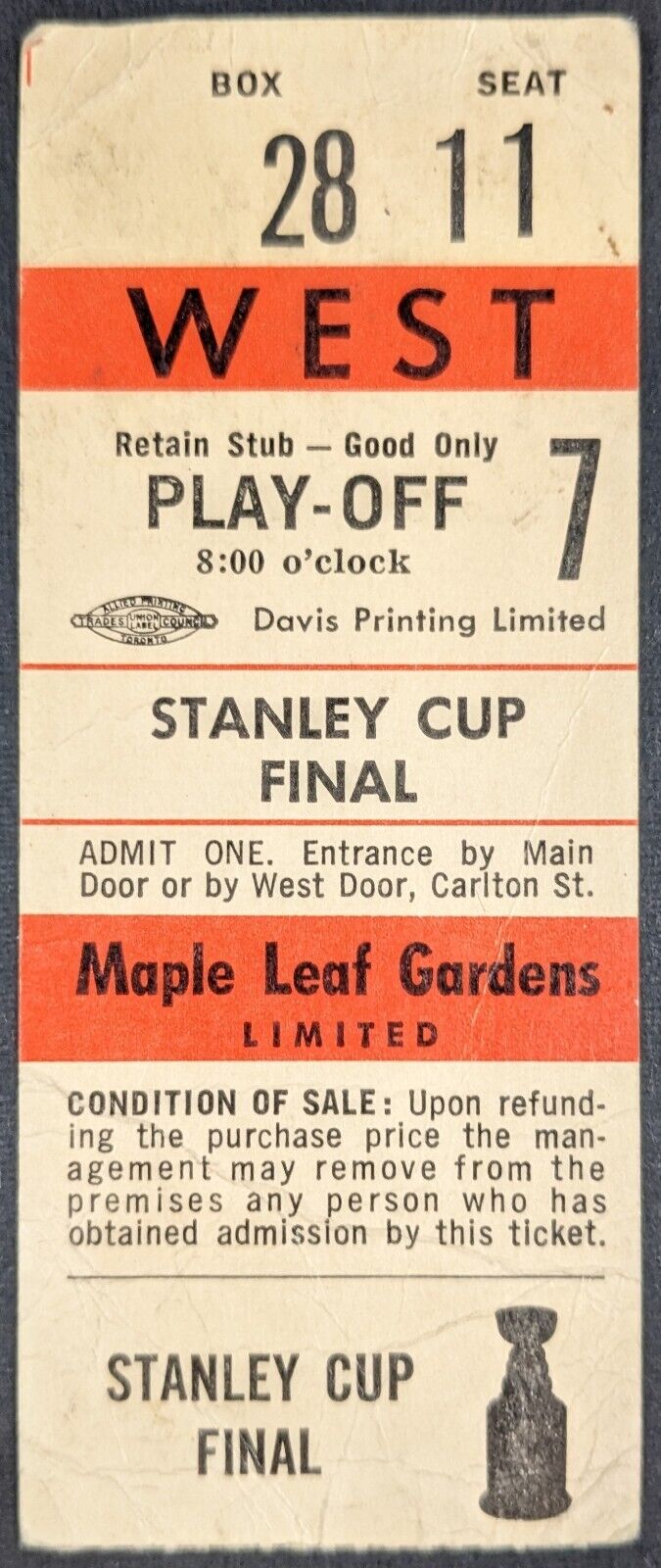 1964 Stanley Cup Finals Game 5 Full Ticket Maple Leafs Red Wings NHL Hockey MLG