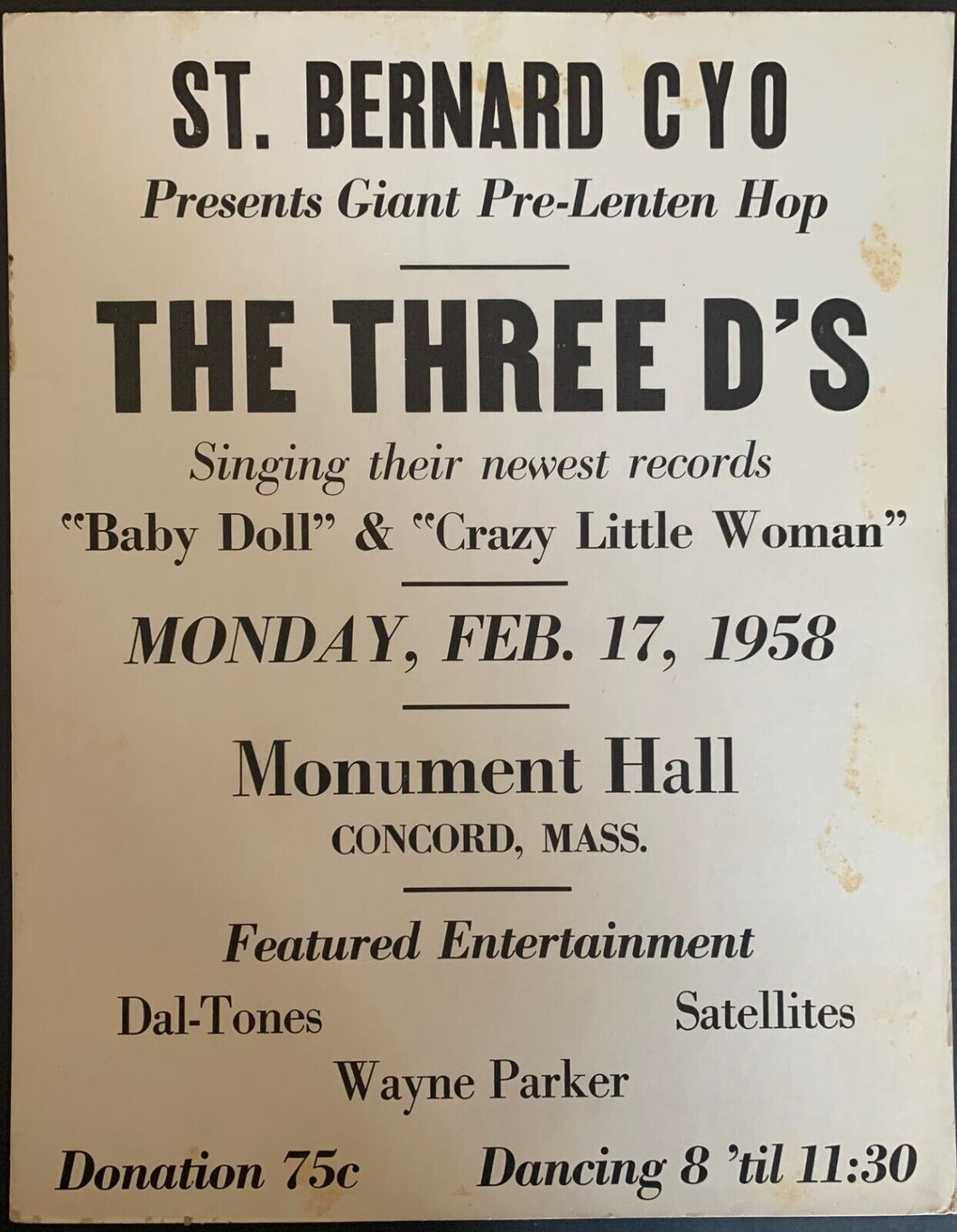 1958 Broadside Monument Hall The Three D's Music Vintage Early Rock and Roll