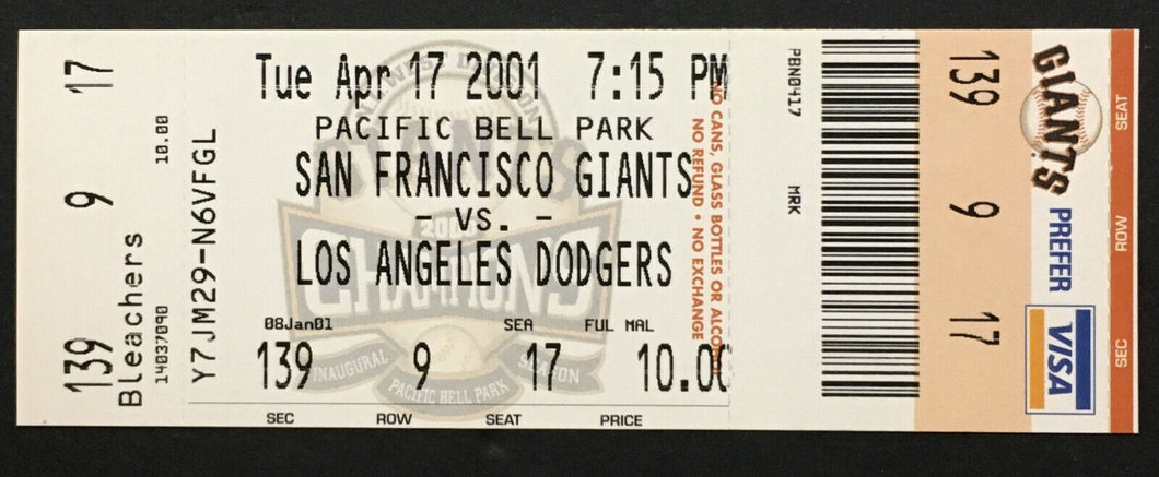 2001 Barry Bonds 500th Home Run Full Ticket San Francisco Giants Baseball MLB