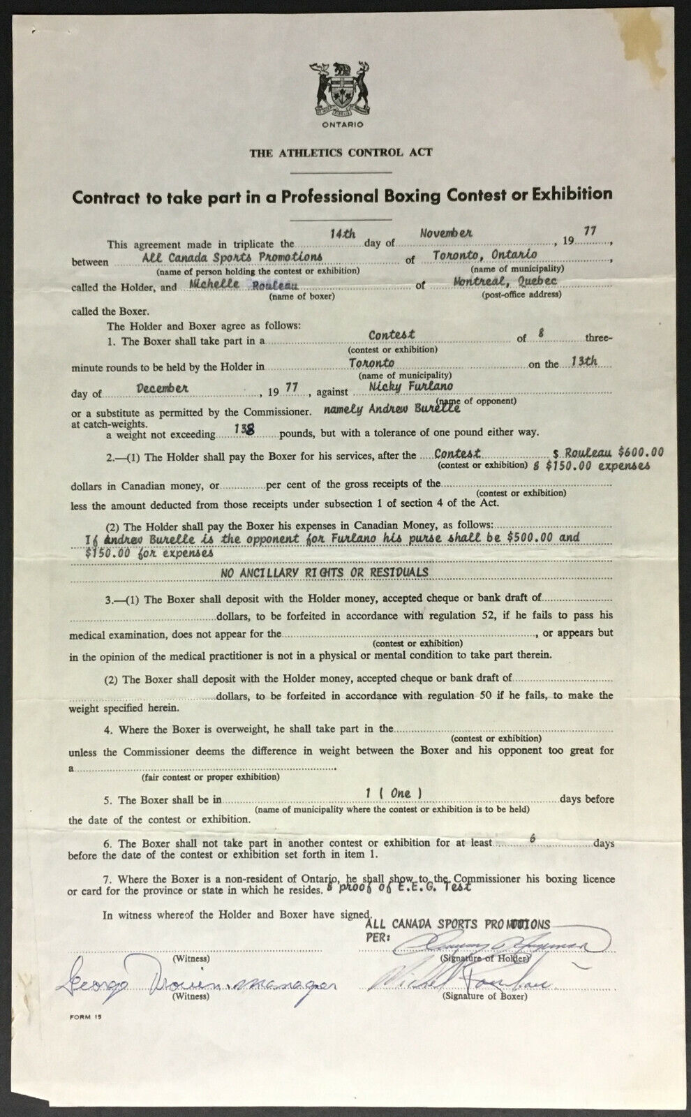 1977 Canadian Boxing Match Contract Signed Nicky Furlano vs Michelle Rouleau