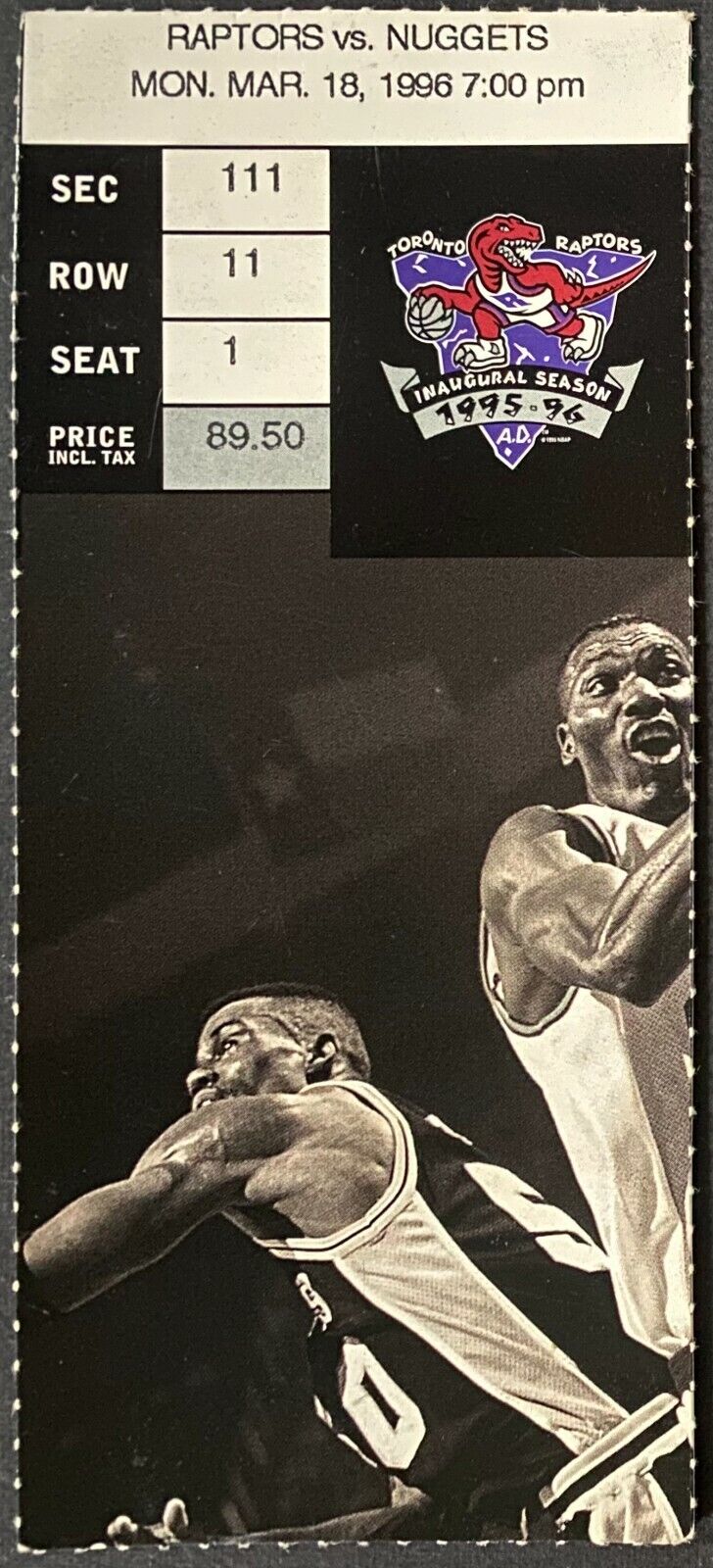 1995-96 Toronto Raptors Inaugural Season Ticket Stub VTG NBA Basketball