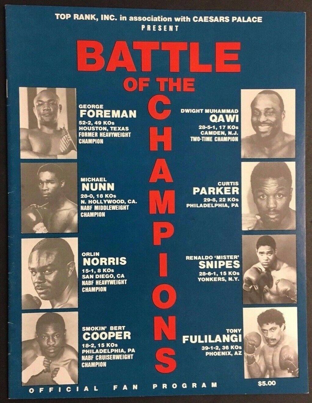 1988 Boxing Program Battle Of The Champs Caesars Palace Vegas George Foreman