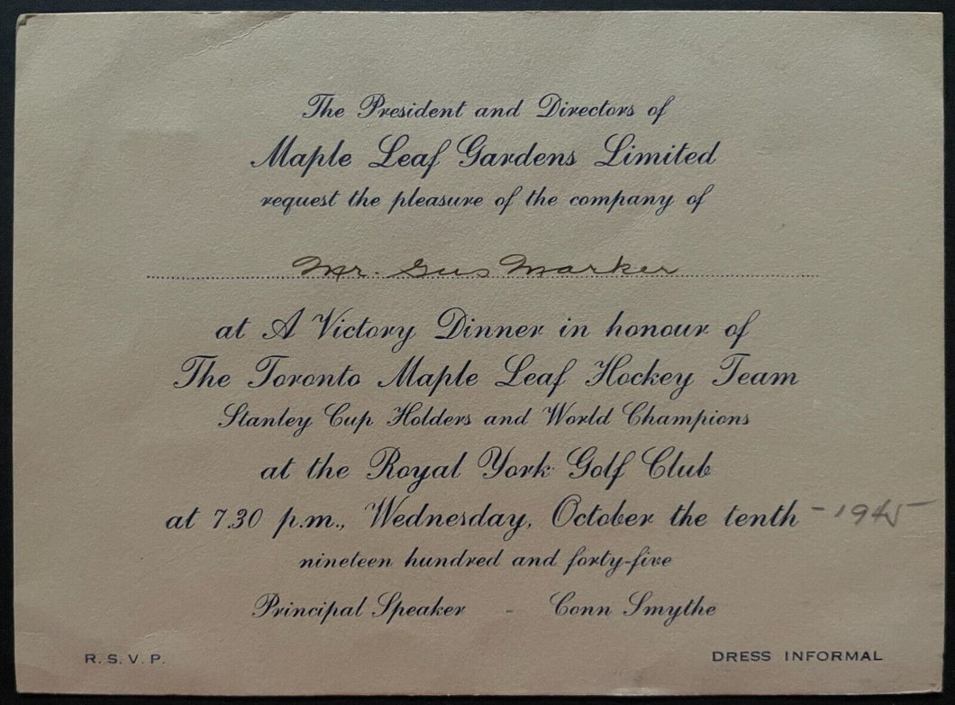 1945 Original Gus Marker Personal Invite Leafs Stanley Cup Championship Dinner