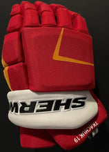 Load image into Gallery viewer, 2022 Matthew Tkachuk Game Worn Sherwood Code V Hockey Gloves Calgary Flames NHL
