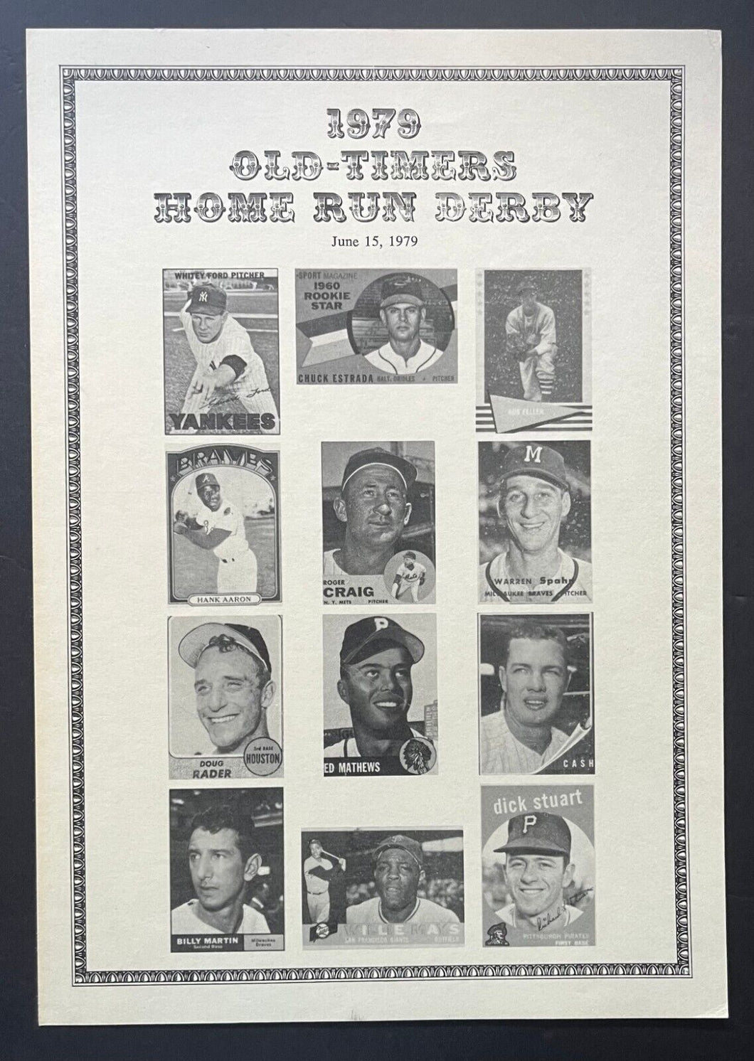 1979 Old Timers Home Run Derby Lineup Card MLB Baseball Hank Aaron Willie Mays
