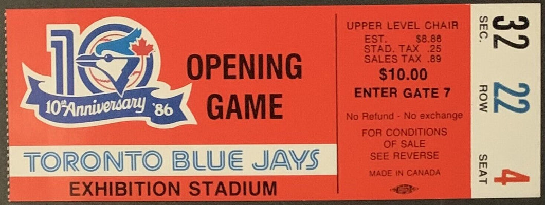 1986 Toronto Blue Jays 10th Anniversary Home Opener Ticket Exhibition Stadium