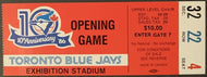1986 Toronto Blue Jays 10th Anniversary Home Opener Ticket Exhibition Stadium