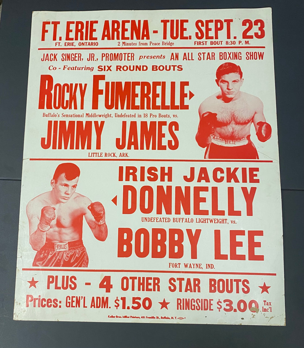 1958 Fort Erie Arena Original Broadside Rocky Fumerelle Vs Jimmy James Boxing Poster