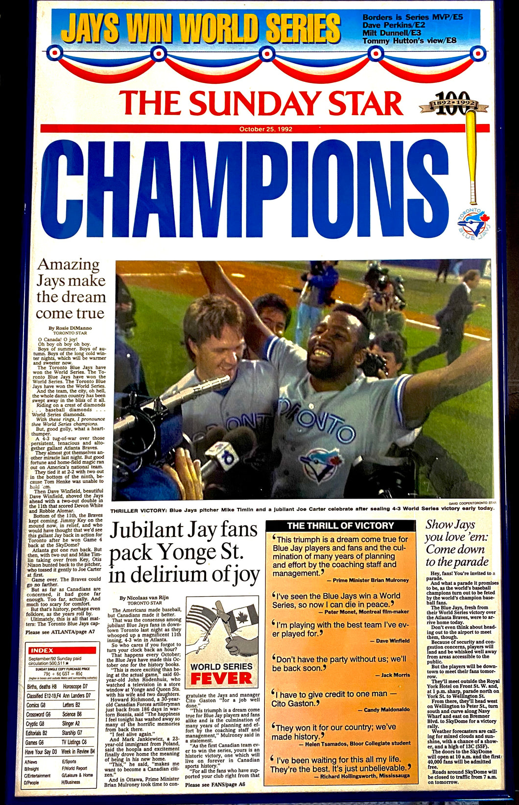 Framed Toronto Blue Jays Sunday Star Front Cover Replica 1992 World Series Win
