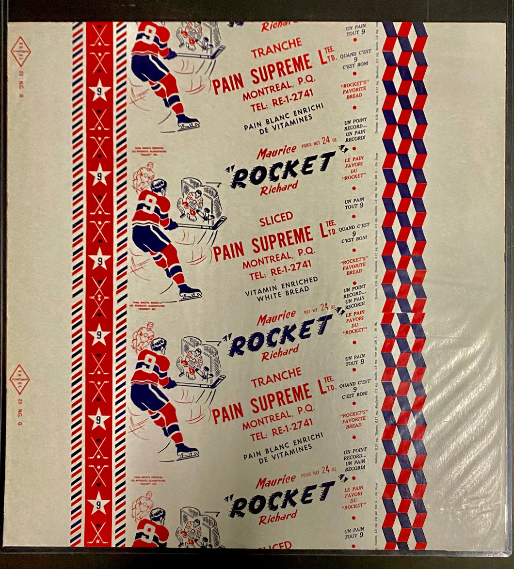 Early 1950s Maurice Richard Rocket Bread Wrapper Image of the Rocket Shooting Right