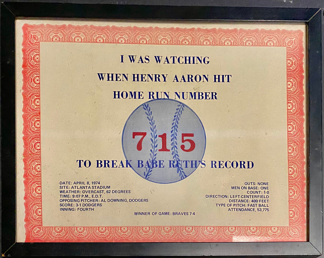 Framed Henry Aaron 715th Home Run “I was watching when” Record Broken MLB Baseball