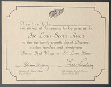 Load image into Gallery viewer, Detroit Red Wings Joe Louis Sports Arena Certificate Of First Game Attendance
