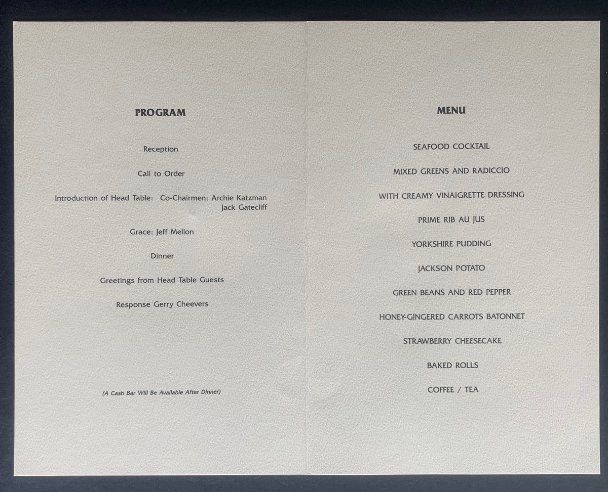 1992 Gerry Cheevers Testimonial Dinner Menu Program – Glory Days ...
